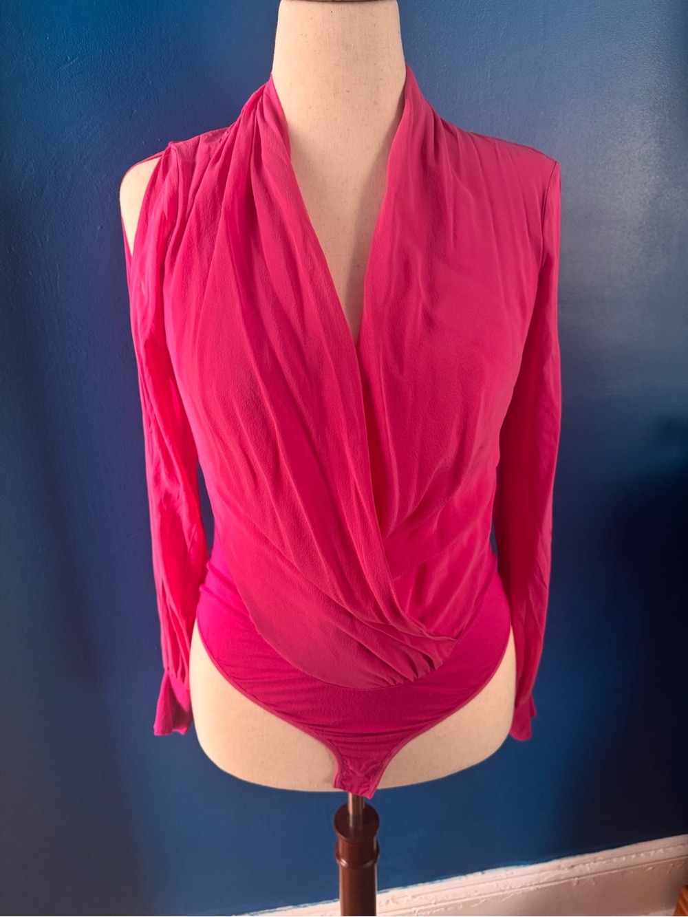 bebe Fuchsia Draped V-Neck Long Sleeve Bodysuit